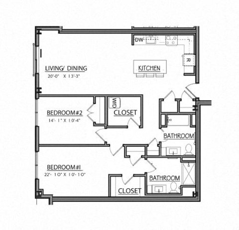 Floor plan for 2 beds, 2 baths, 1085 sqft